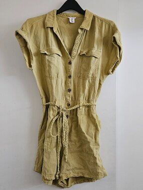 Nicole Miller One Piece Romper Linen Blend Mustard Yellow Braided Belted Medium